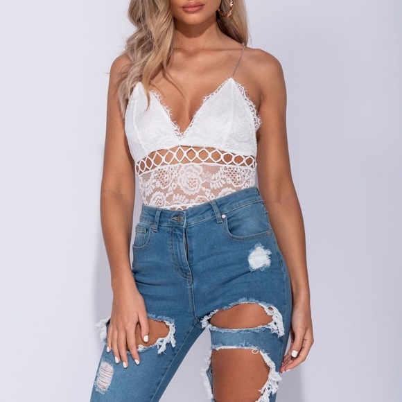 Lace Trim Sheer Panel Strappy Bodysuit - Picture 2 of 5